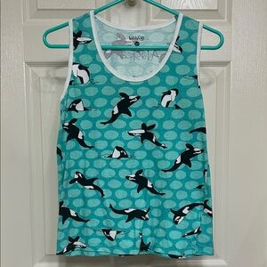 Teal Orca Print Tank Top Sleeveless Aqua Black White Orca Whales Alaska sz Small
